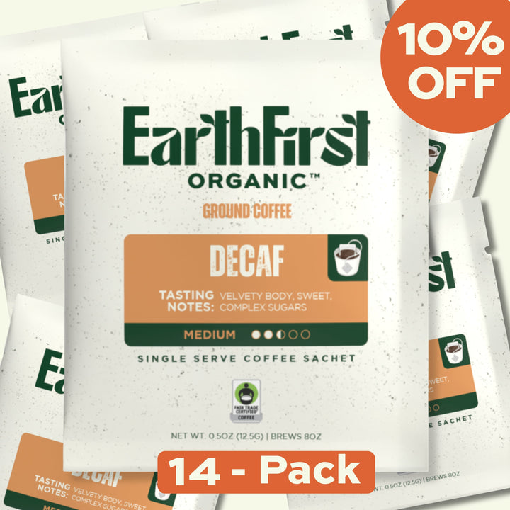 EarthFirst Organic Swiss Water Processed Decaf Coffee Sachet bundle featuring 14 individual decaf coffee sachets on a white background.