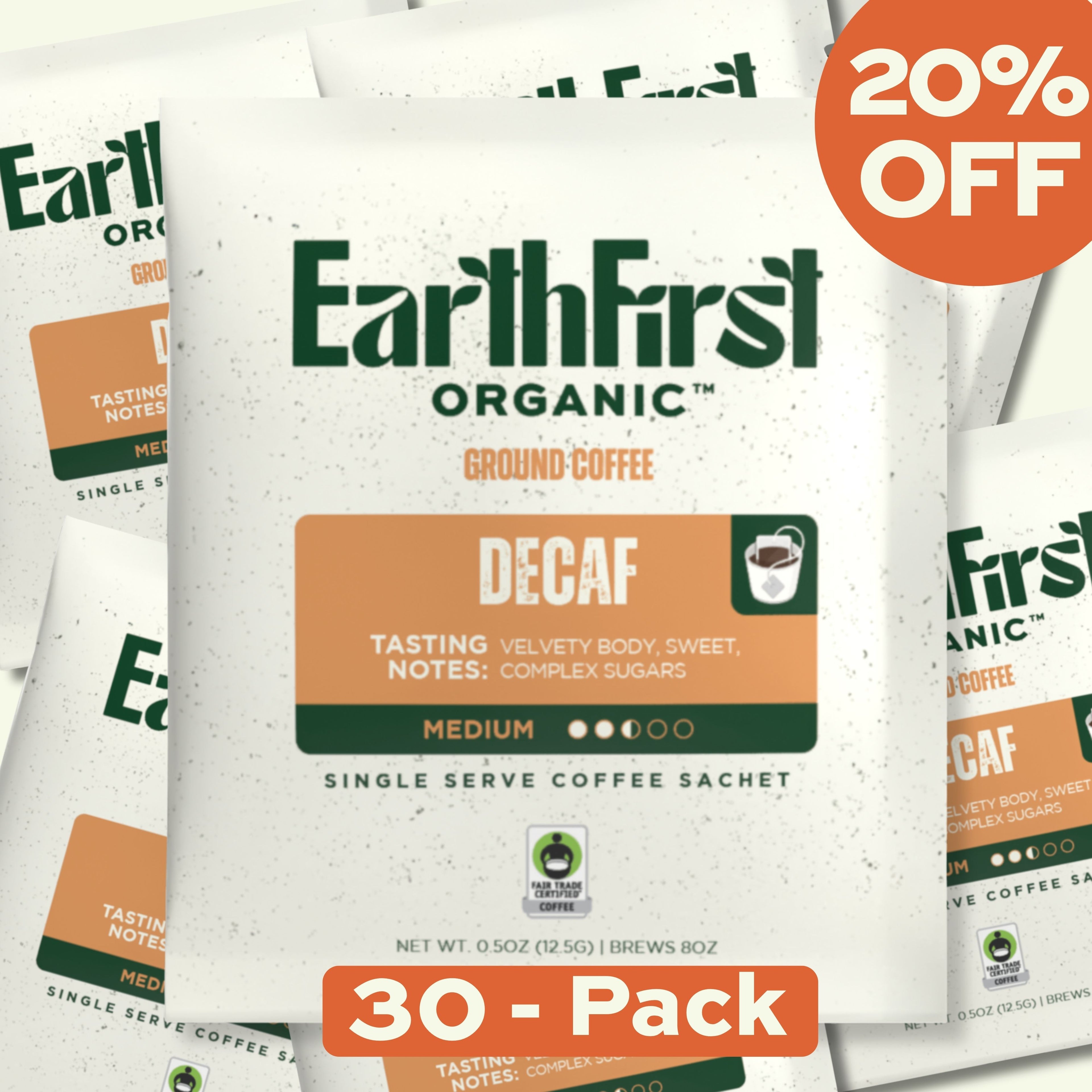 EarthFirst Organic Swiss Water Processed Decaf Coffee Sachet bundle with 30 individual coffee sachets, showcasing organic decaf coffee packaging.