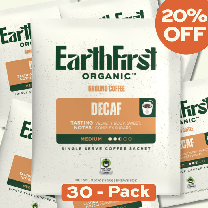 EarthFirst Organic Swiss Water Processed Decaf Coffee Sachet bundle with 30 individual coffee sachets, showcasing organic decaf coffee packaging.