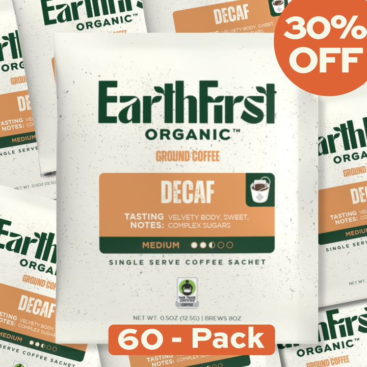 EarthFirst Organic Swiss Water Processed Decaf Coffee sachet bundle with 60 individual sachets, showcasing the packaging and branding.