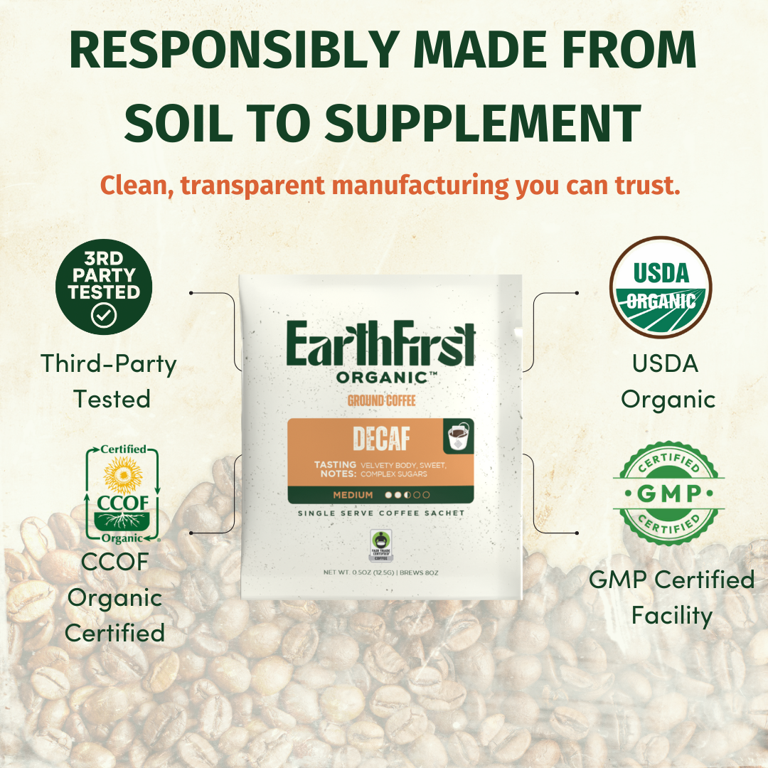 EarthFirst Organic Swiss Water Processed Decaf Coffee Sachet with manufacturing credentials and certification details.