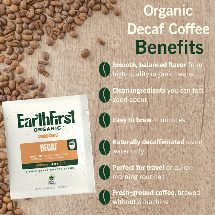 EarthFirst Organic Swiss Water Processed Decaf Coffee Sachet bundle showing individual biodegradable coffee sachets for organic, decaffeinated coffee.