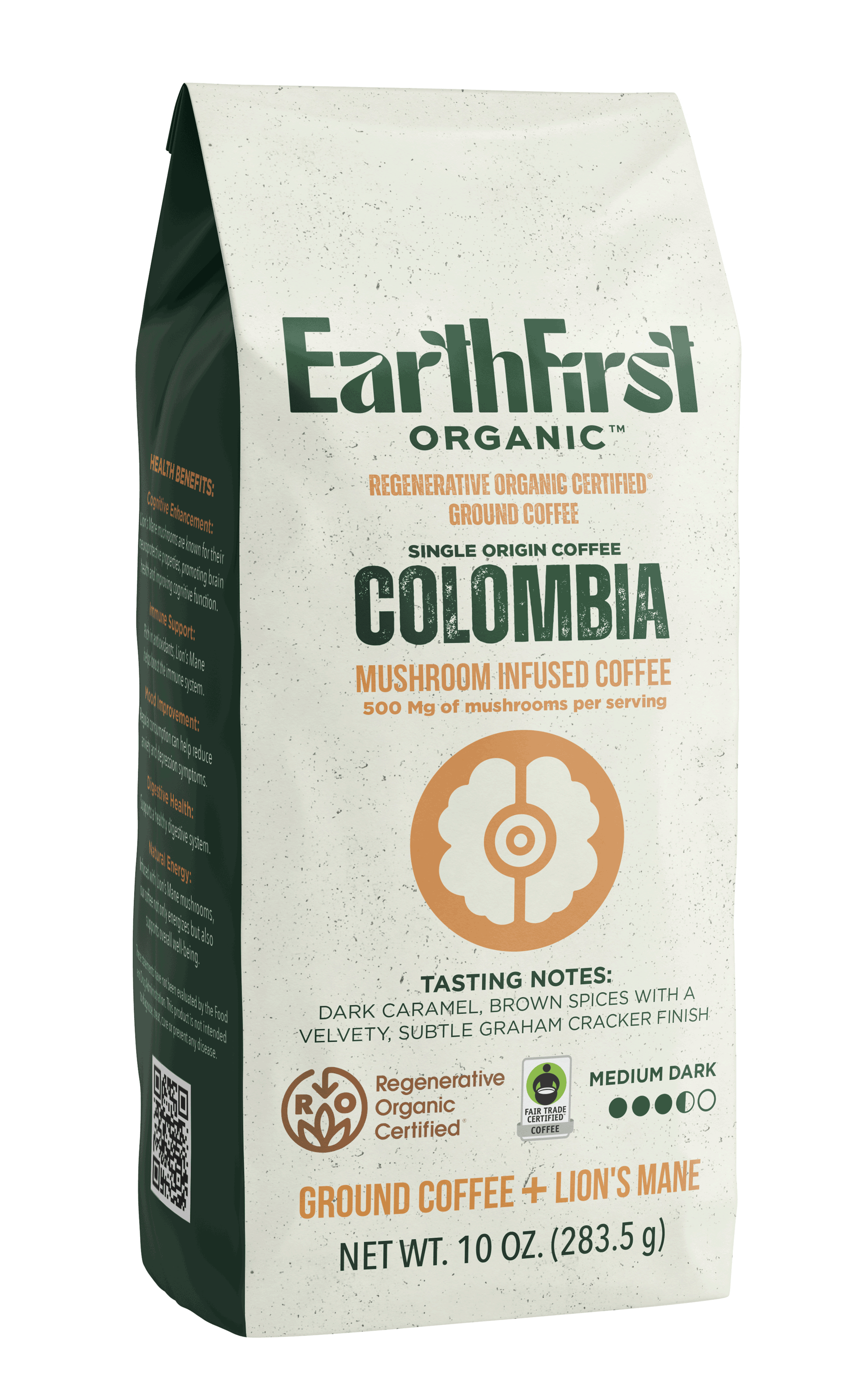 Regenerative Organic Certified Medium-Dark Roast Coffee with 500 MG's ROC Lion's Mane Mushrooms