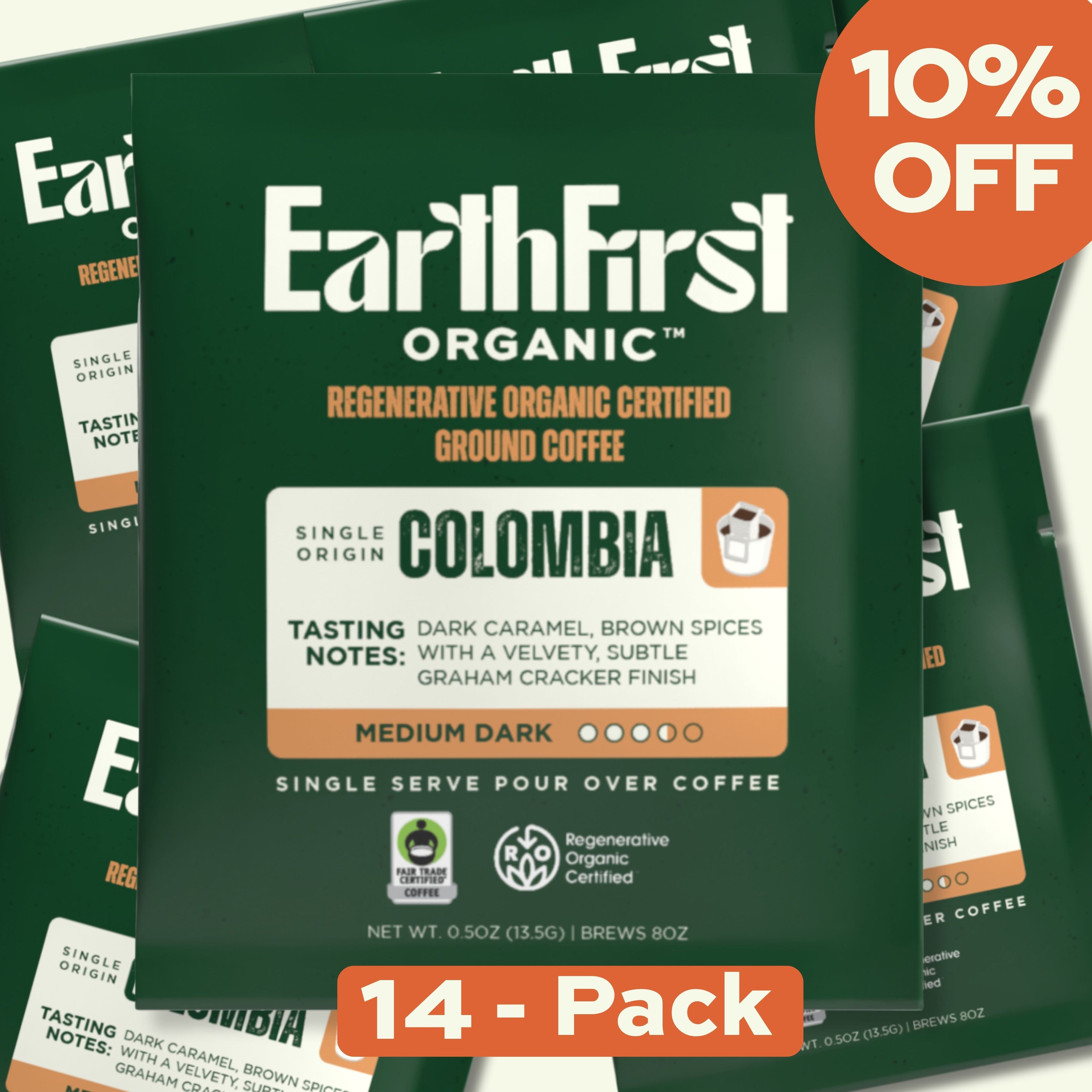 EarthFirst Organic regenerative organic certified medium-dark coffee pour-over bundle with 14 packs, showcasing brewing setup and coffee beans.