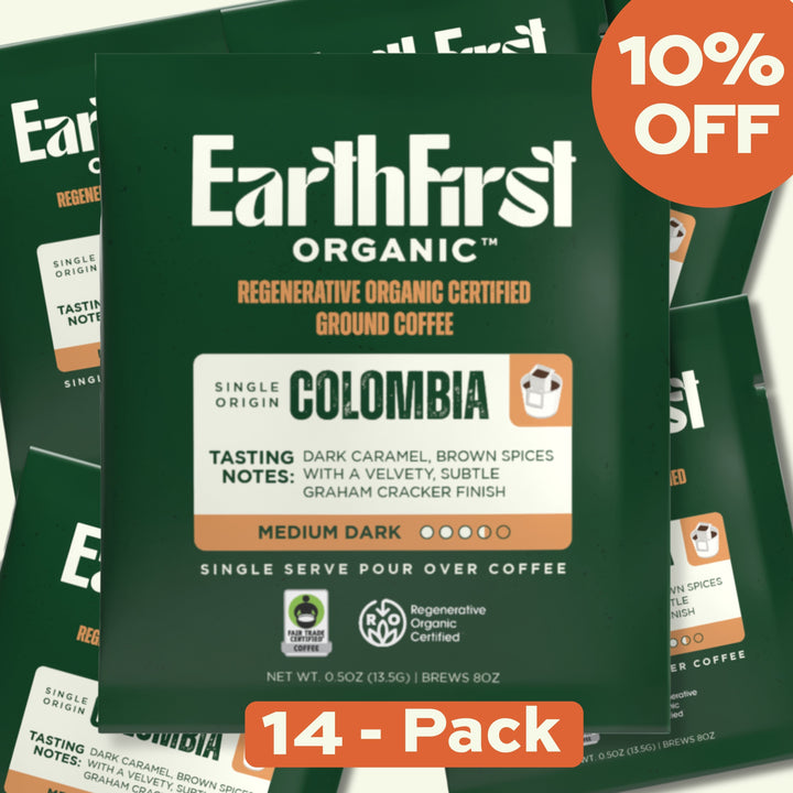 EarthFirst Organic regenerative organic certified medium-dark coffee pour-over bundle with 14 packs, showcasing brewing setup and coffee beans.