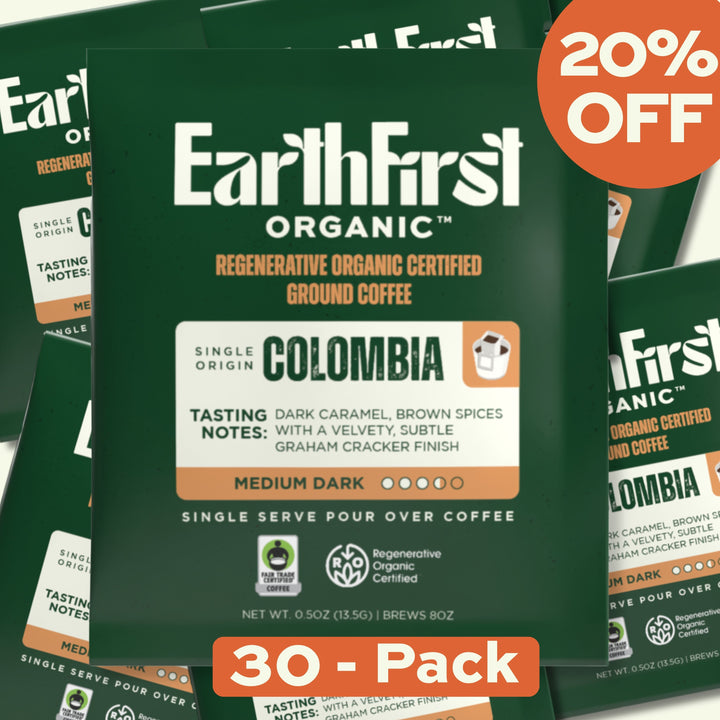 EarthFirst Organic medium-dark coffee pour-over bundle with 30 packs, showcasing coffee bags and brewing accessories.