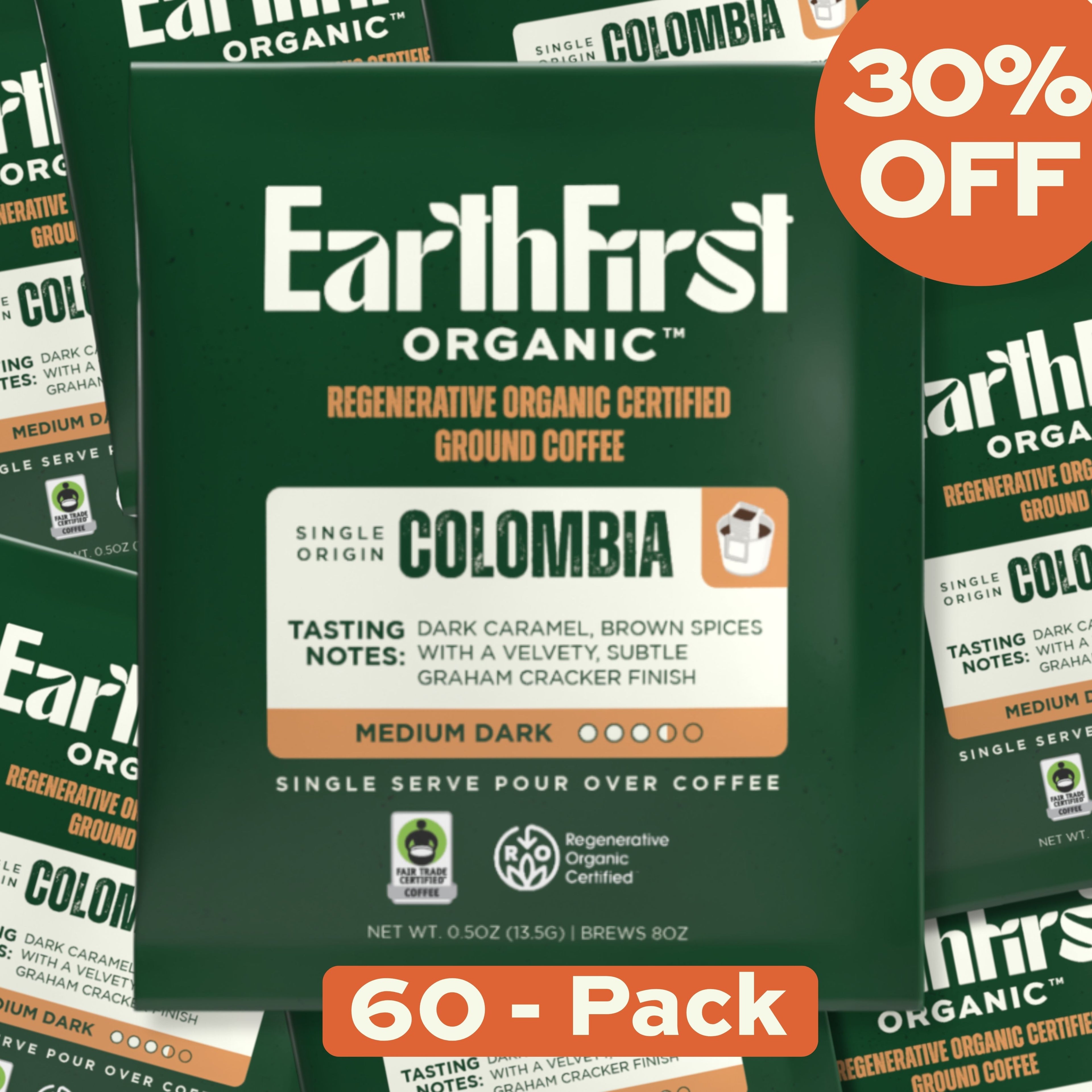 EarthFirst Organic medium-dark coffee pour over bundle with 60 filters, highlighting the eco-friendly, regenerative organic certified coffee.