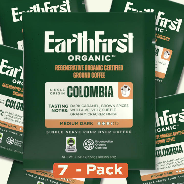 EarthFirst Organic regenerative organic medium-dark coffee pour-over singles in a pack, showcasing brewing process and coffee cups.