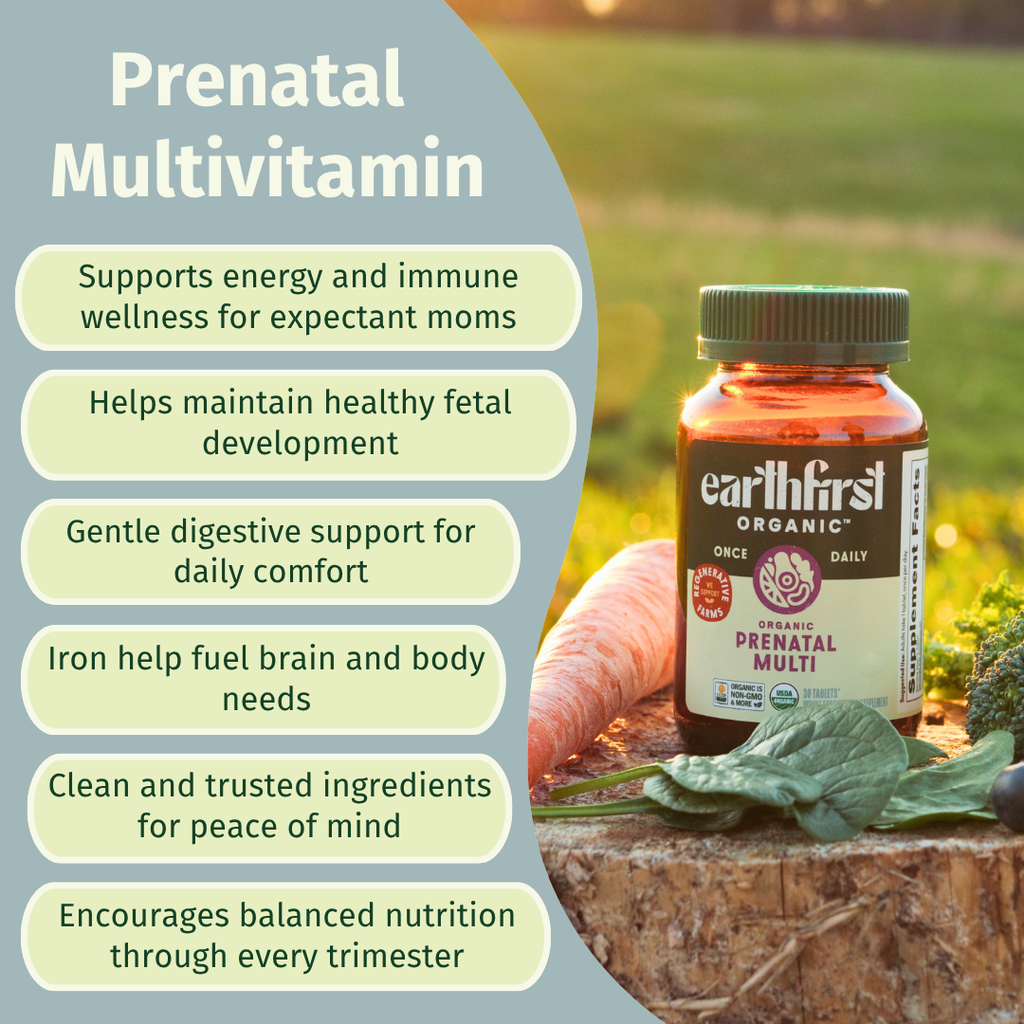 Earth-First-Organics Prenatal Multi Once Daily supplement with essential vitamins and minerals for pregnancy health.