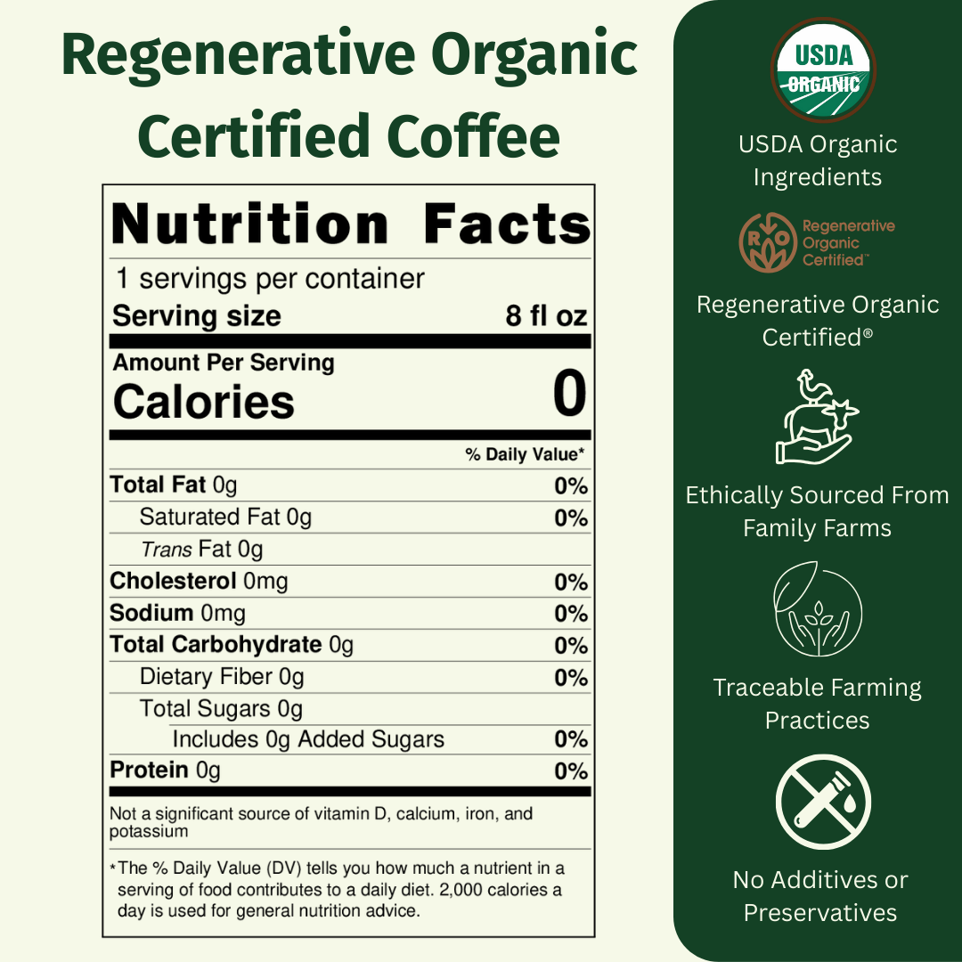 Medium-dark organic coffee pour-over bundle from EarthFirst Organic, with regenerative organic certification and coffee sachets.