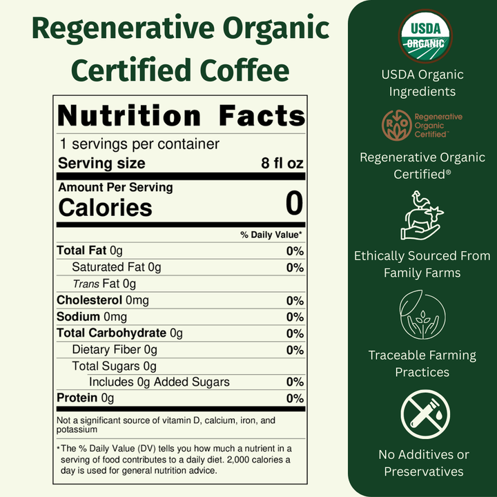 Medium-dark organic coffee pour-over bundle from EarthFirst Organic, with regenerative organic certification and coffee sachets.