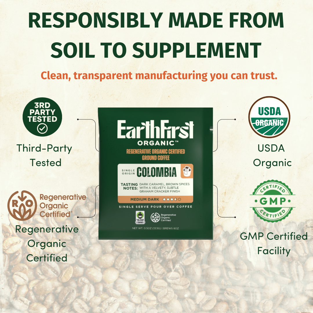 EarthFirst Organic medium-dark coffee pour-over bundle with regenerative organic certification and manufacturing credentials.