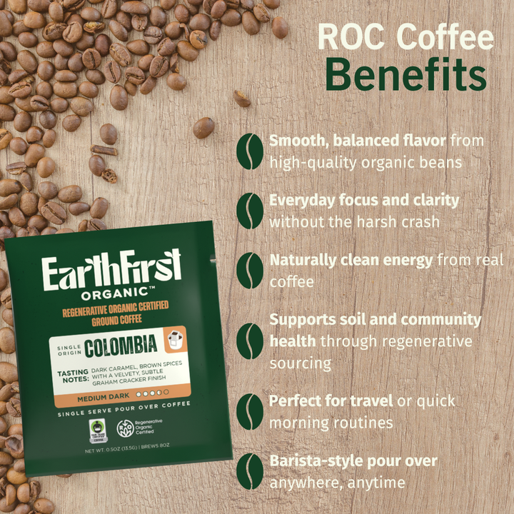 EarthFirst Organic Regenerative Organic Certified medium-dark coffee pour-over bundle with brewing accessories and packaging.