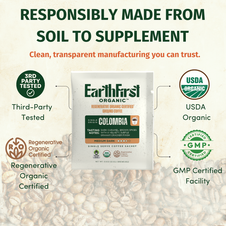 Regenerative Organic Certified medium-dark coffee sachet bundle from EarthFirst Organic showing manufacturing credentials and packaging details.