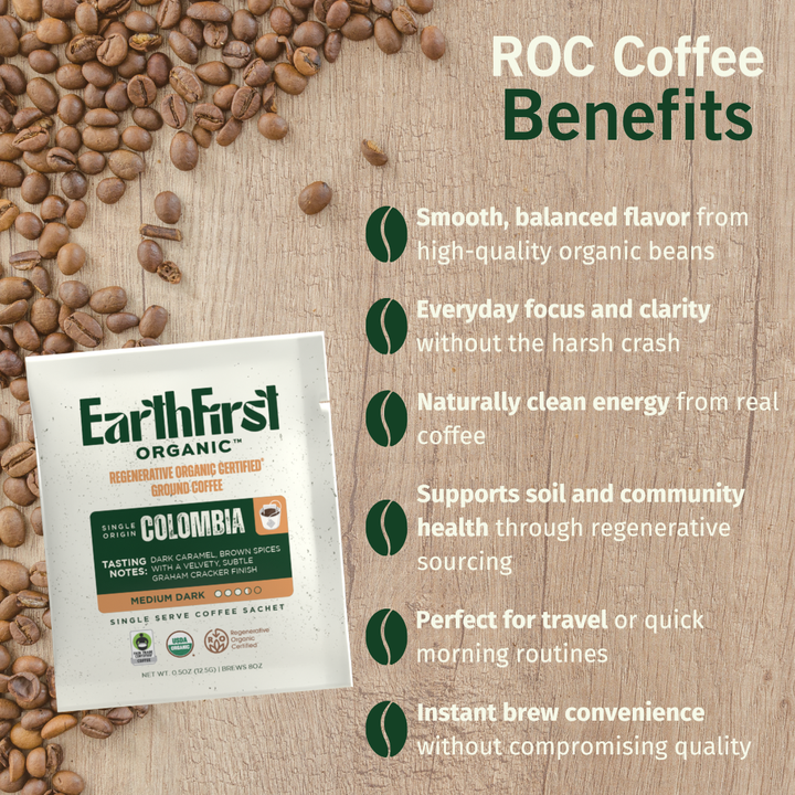 EarthFirst Organic regenerative organic certified medium-dark coffee sachet bundle showing individual coffee sachets on a white background.