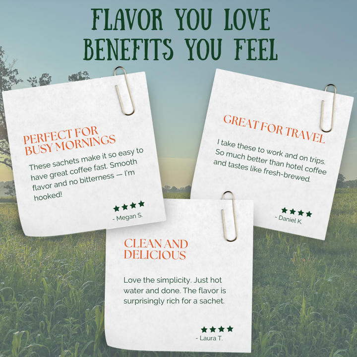 Medium-dark regenerative organic coffee sachets from EarthFirst Organic, showcasing the packaging and product branding.