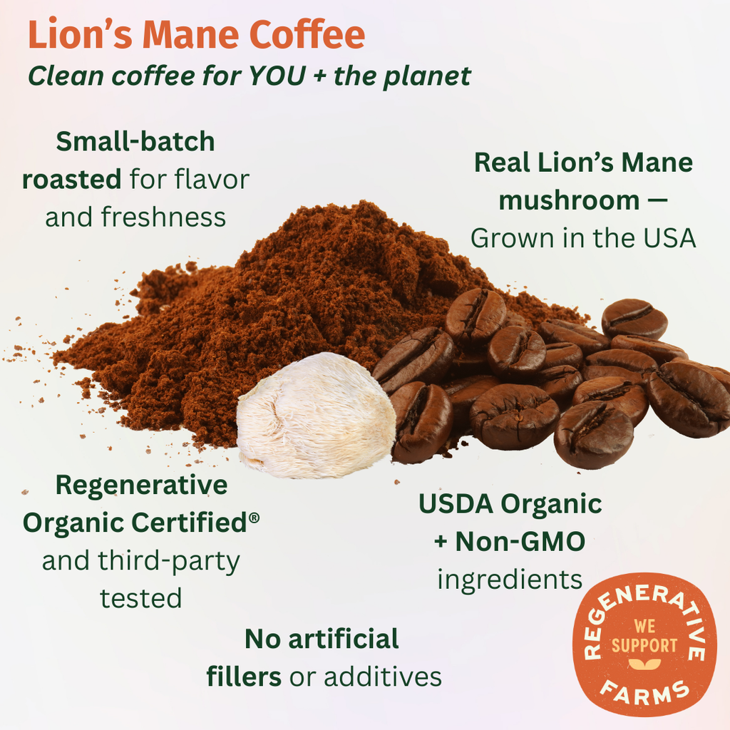Regenerative Organic Certified Medium-Dark Roast Coffee with 500 MG's ROC Lion's Mane Mushrooms - EarthFirst Organic