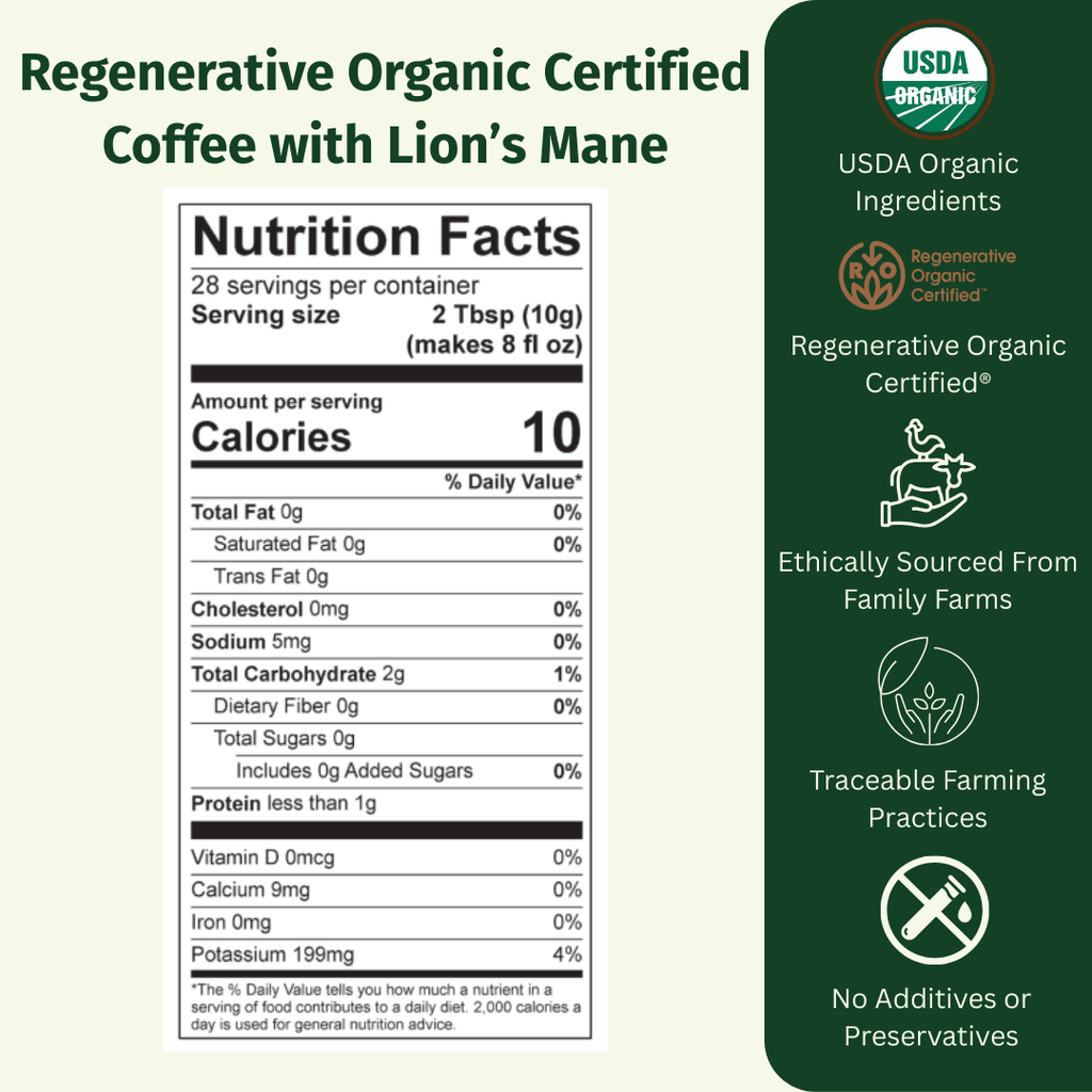 Regenerative Organic Certified Medium-Dark Roast Coffee with 500 MG's ROC Lion's Mane Mushrooms - EarthFirst Organic