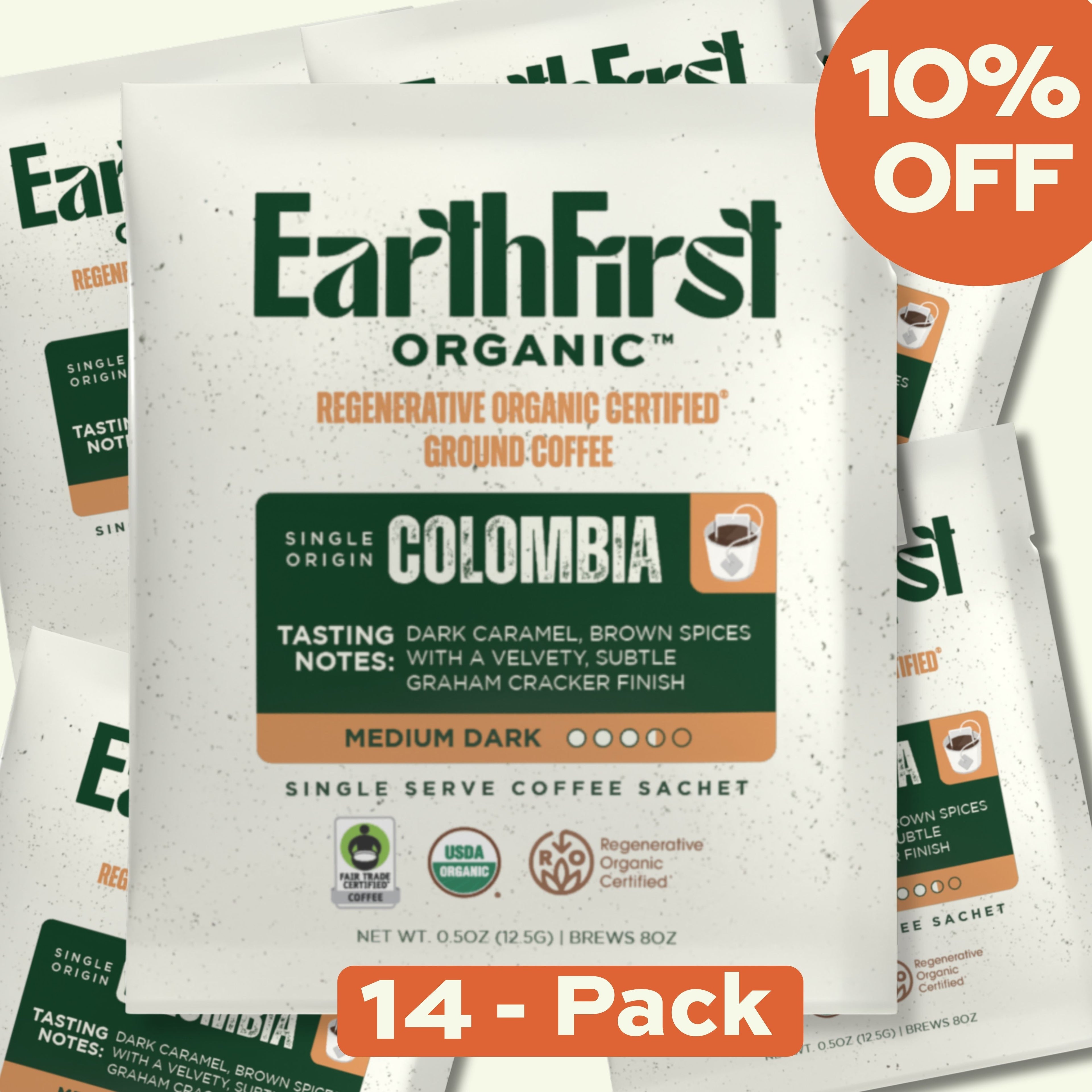 EarthFirst Organic regenerative organic certified medium-dark coffee sachet bundle, 14-pack, with individual coffee sachets shown.