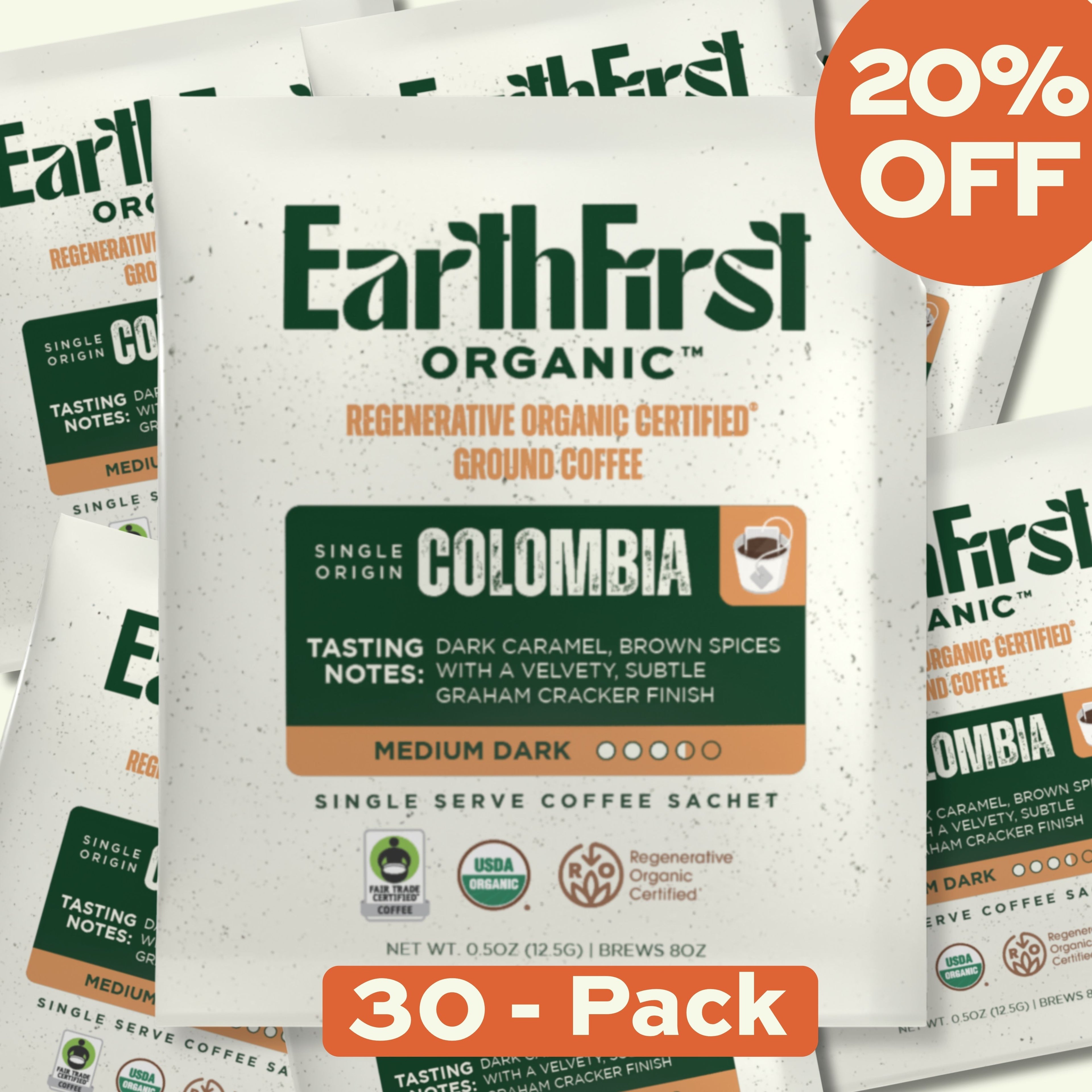 EarthFirst Organic regenerative organic certified medium-dark coffee sachet bundle with 30 individual coffee packs.