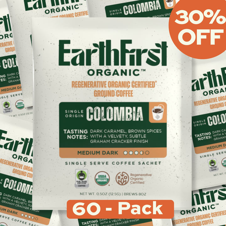 EarthFirst Organic regenerative organic certified medium-dark coffee sachet bundle with 60 individual coffee pouches.
