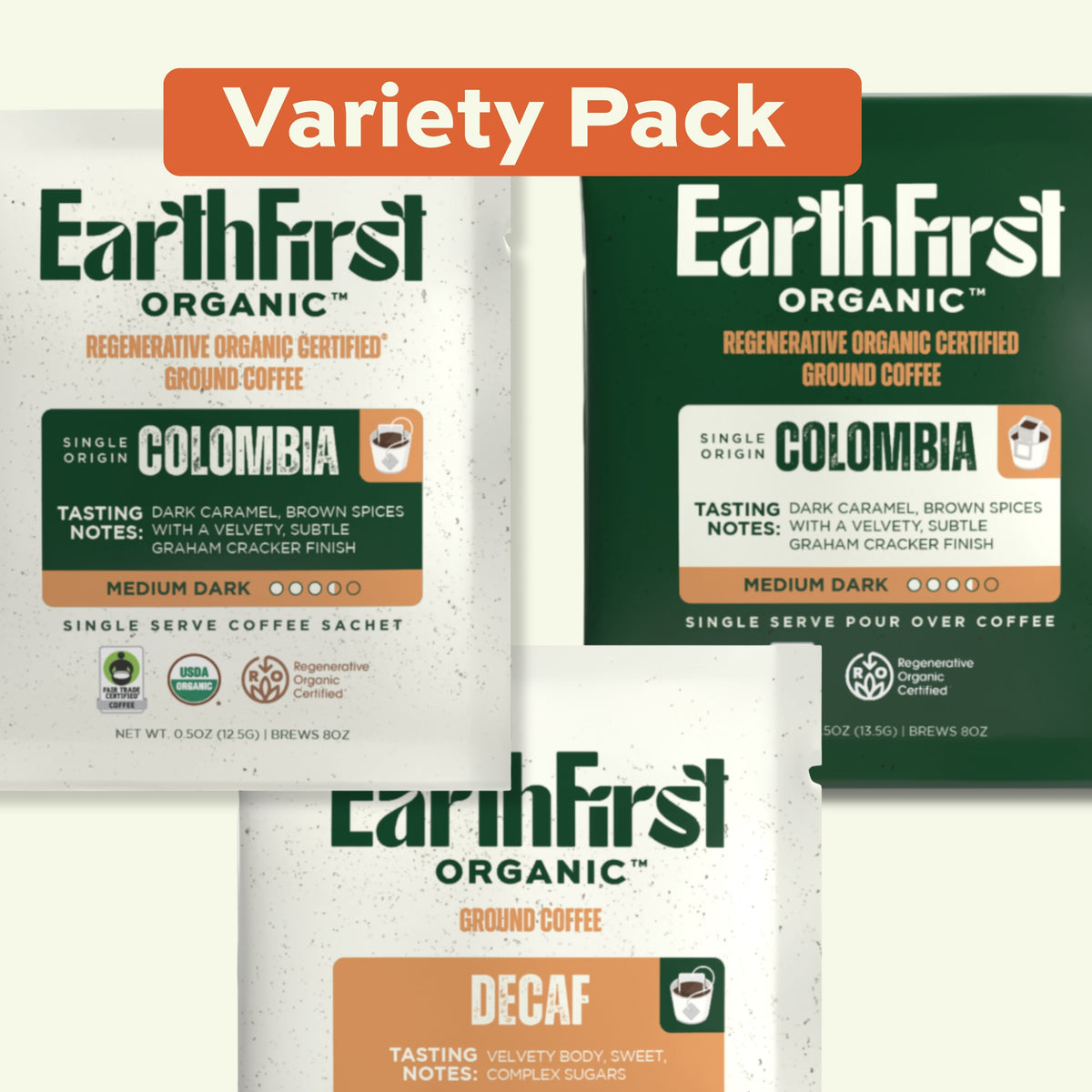 EarthFirst Organic™ Regenerative Organic Certified coffee variety pack with three pour over, decaf, medium-dark blends in a packaging display.