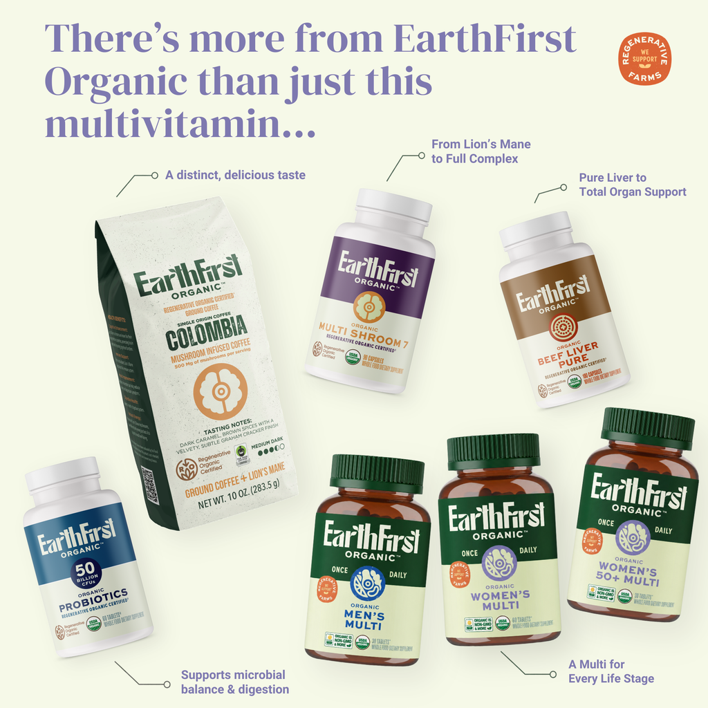 EarthFirst Organic men's 50+ multivitamin bottle with supplement tablets and label, designed for daily health support.