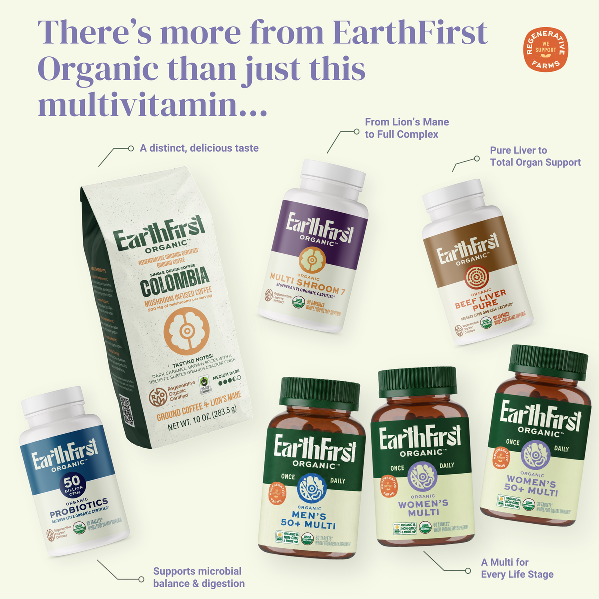 EarthFirst Organic men's multivitamin bottle with dietary supplements and capsules, featuring a natural health focus.
