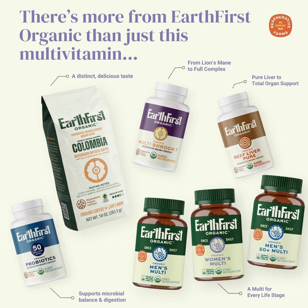EarthFirst Organic Women's 50+ Multivitamin bottle with capsules, designed for daily health support and age-specific nutrition.