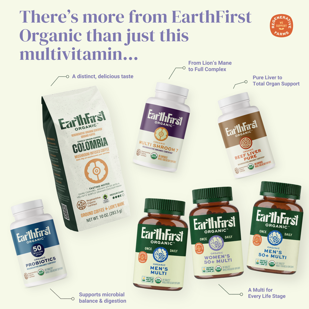 EarthFirst Organic Women's Multivitamin supplement bottle with colorful label, showcasing daily health vitamins for women.