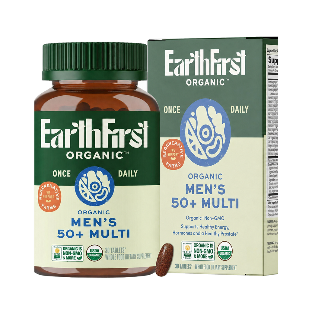 EarthFirst Organic men's 50+ multivitamin bottle with 30 tablets, natural supplement for daily health support for older men.