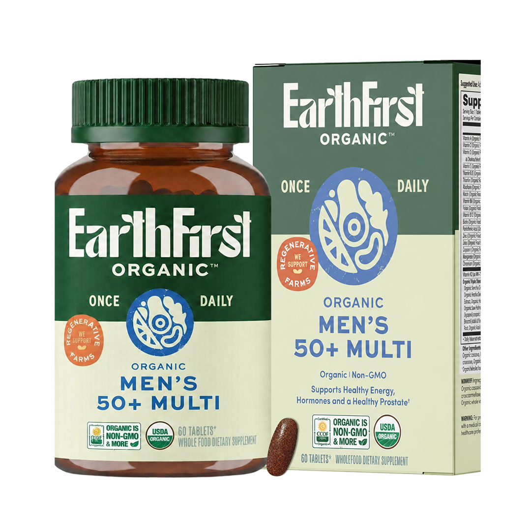 EarthFirst Organic Men's 50+ Multivitamin bottle with 60 capsules, featuring natural ingredients for daily nutritional support.