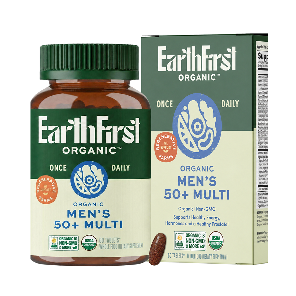 EarthFirst Organic Men's 50+ Multivitamin bottle with 60 capsules, featuring natural ingredients for daily nutritional support.