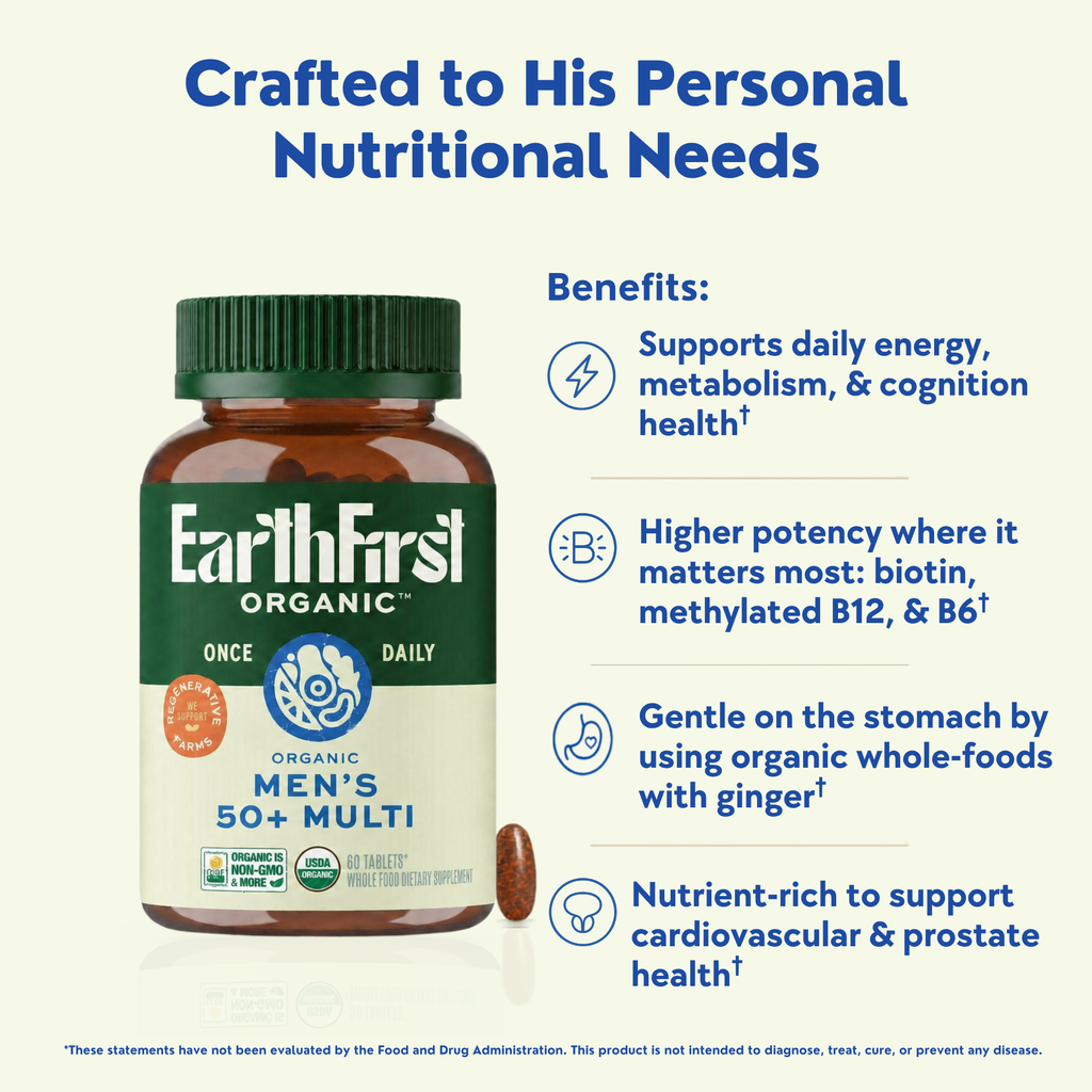Bottle of EarthFirst Organic Men's 50+ Multivitamin, once daily supplement with 60 capsules for supporting senior health.