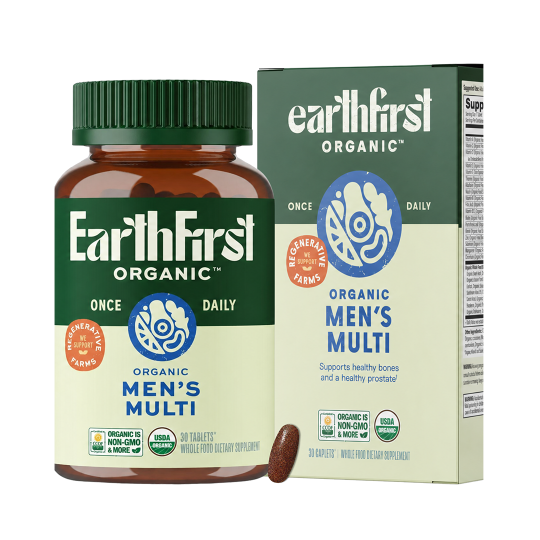 EarthFirst Organic men's multivitamin bottle with 30 capsules, featuring a label with natural ingredients and health benefits.