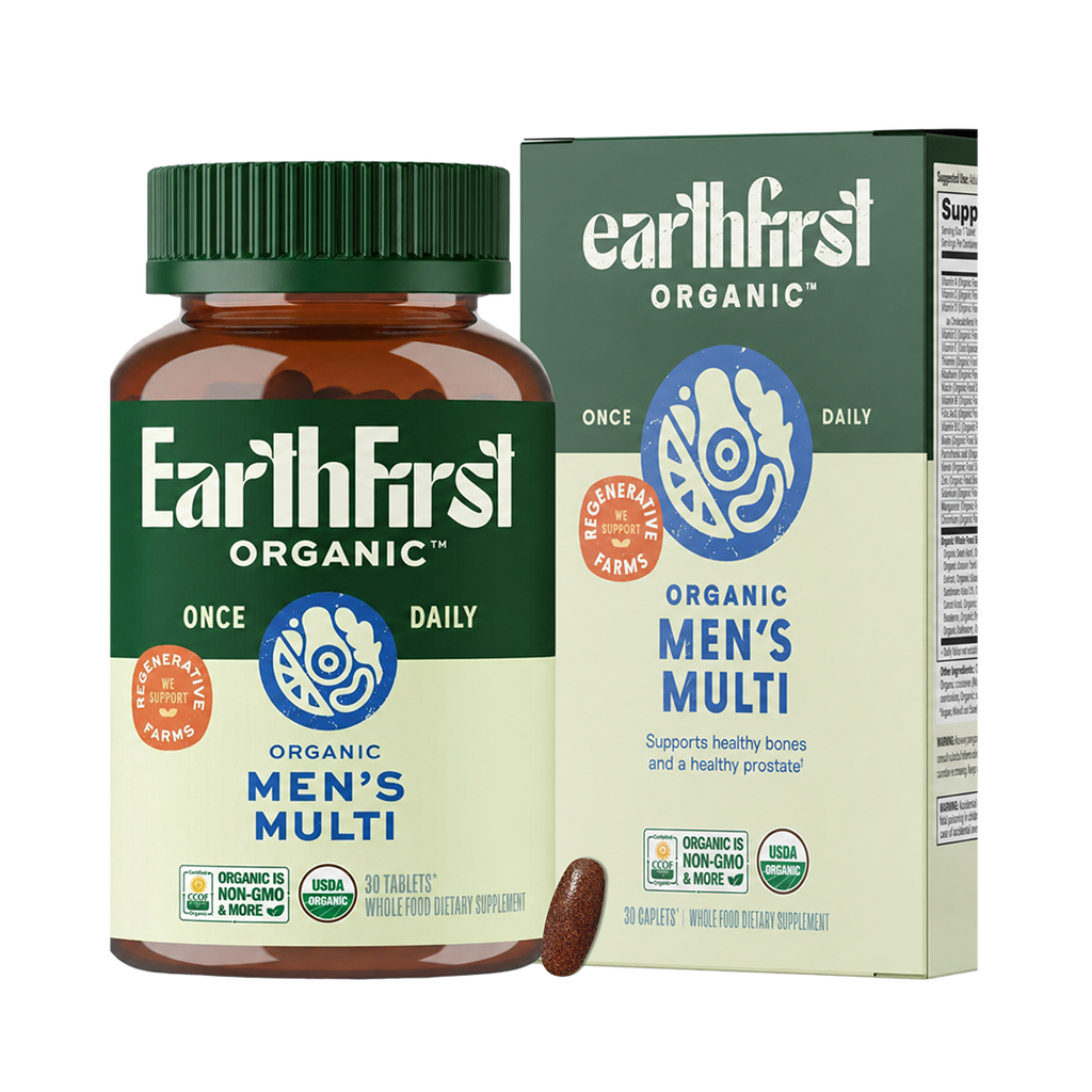 EarthFirst Organic men's multivitamin bottle with 30 capsules, featuring a label with natural ingredients and health benefits.
