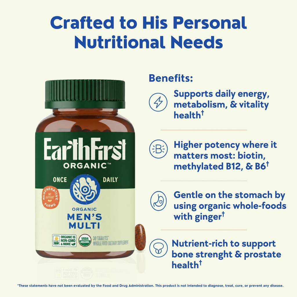 EarthFirst Organic men's multivitamin bottle showing 30 daily supplement capsules on a clean white background.