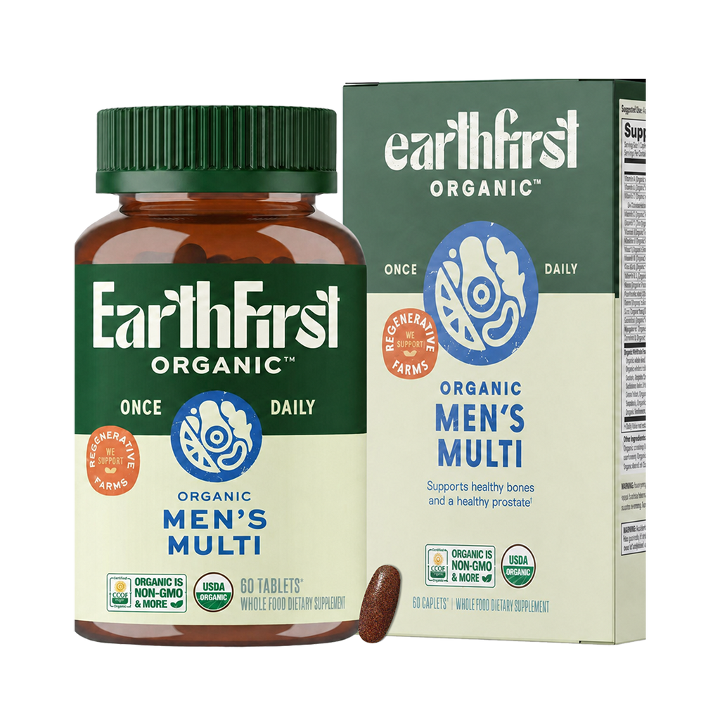 EarthFirst Organic men's multivitamin bottle with 60 capsules, showing the label and supplement details.