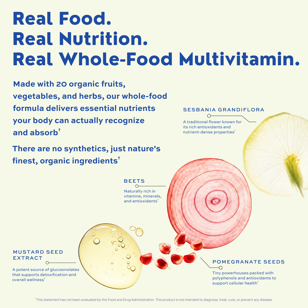 EarthFirst Organic men's multivitamin supplement bottle with label showing whole-food ingredients and daily dosage information.