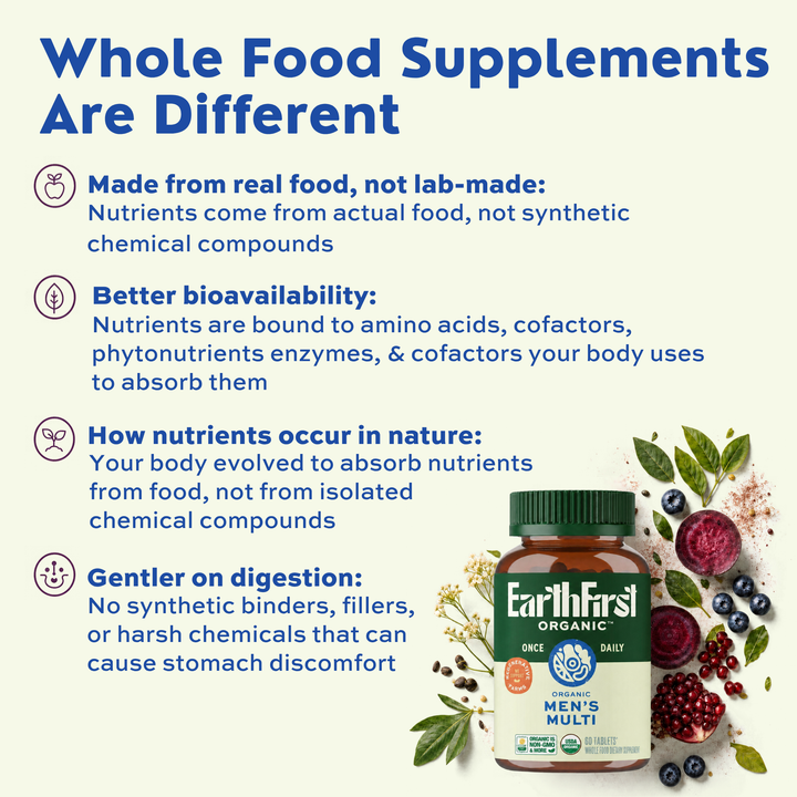 EarthFirst Organic men's multivitamin supplement with whole-food ingredients, showing natural vs. synthetic nutrient comparison.