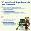 EarthFirst Organic men's multivitamin supplement with whole-food ingredients, showing natural vs. synthetic nutrient comparison.