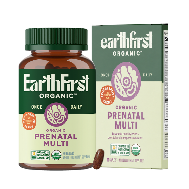 EarthFirst Organic prenatal multivitamin bottle with 30 capsules, designed for daily prenatal health support.