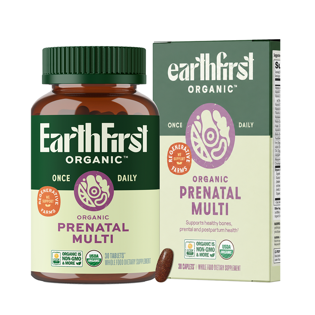 EarthFirst Organic prenatal multivitamin bottle with 30 capsules, designed for daily prenatal health support.