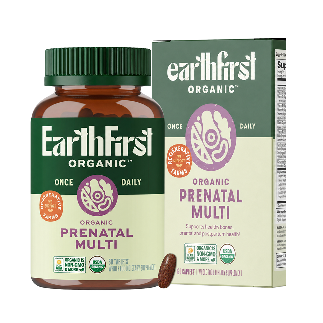 EarthFirst Organic prenatal multivitamin bottles showing 60-count label, designed for pregnant women, in a natural setting.