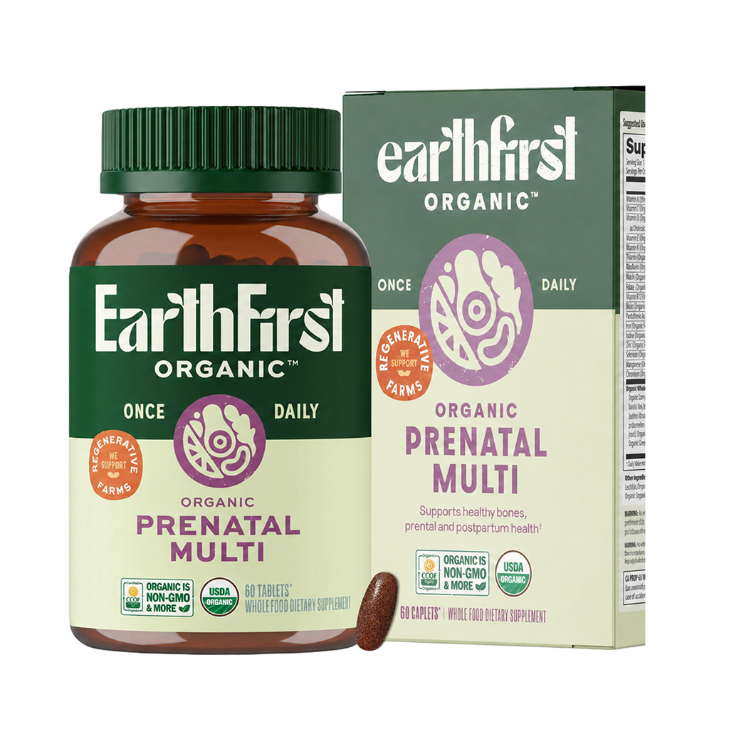 EarthFirst Organic prenatal multivitamin bottles showing 60-count label, designed for pregnant women, in a natural setting.