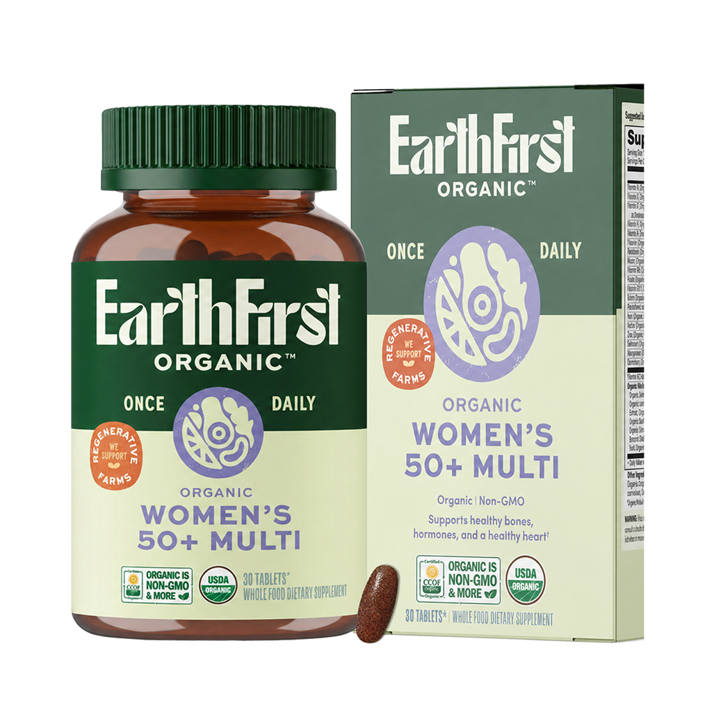Bottle of EarthFirst Organic Women's 50+ Multivitamin Once Daily supplement with 30 tablets, featuring a colorful label.