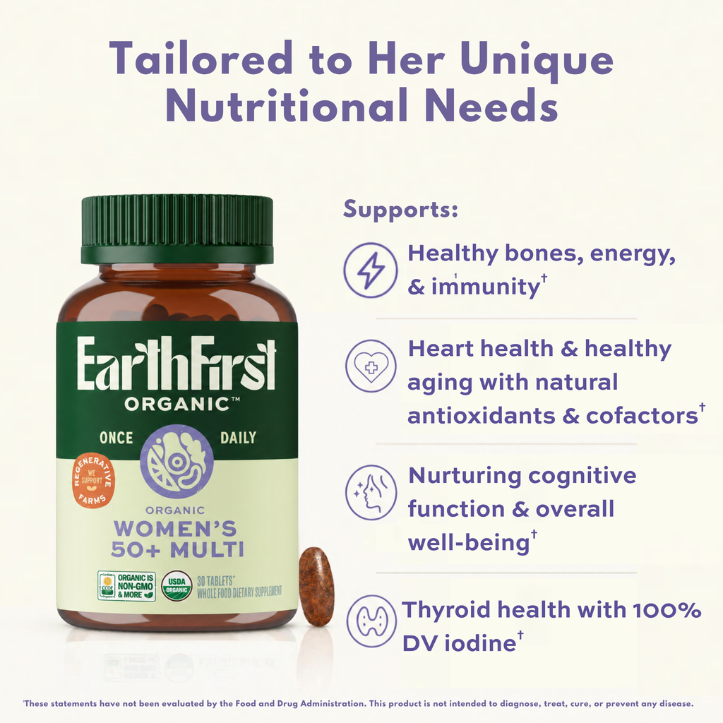 EarthFirst Organic Women's 50+ Multivitamin bottle with 30 tablets, showcasing benefits for health and wellness in daily nutrition.