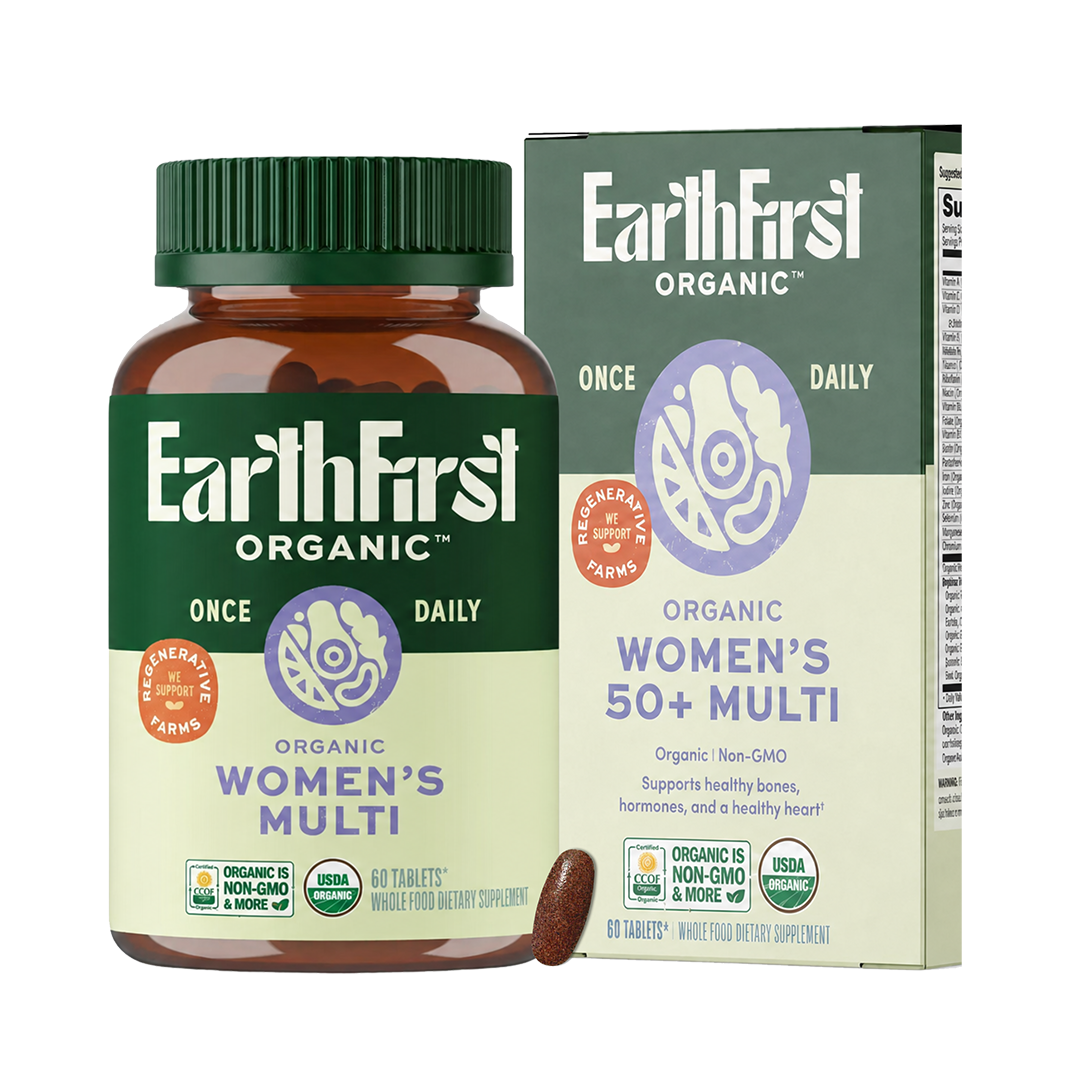 EarthFirst Organic Women's 50+ Multivitamin bottle with 60 tablets, featuring colorful label and supplement details.