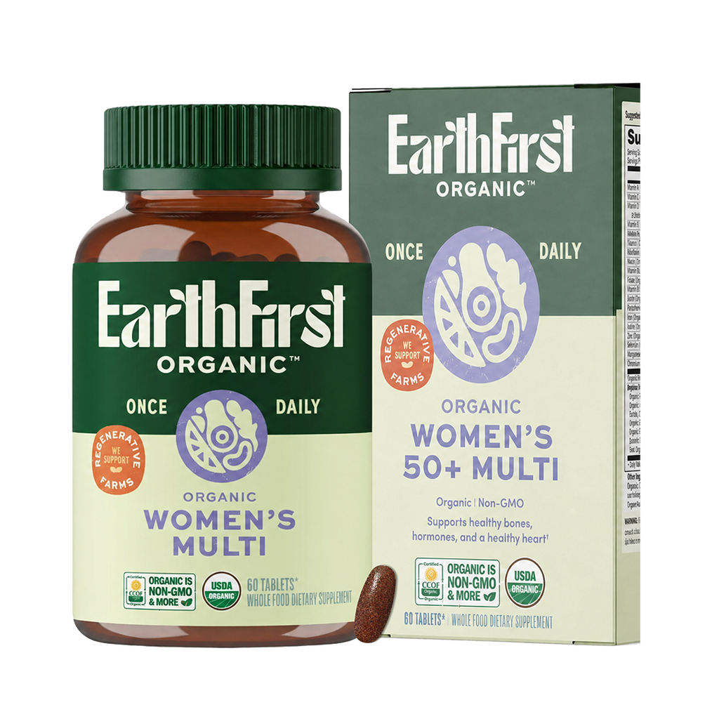 EarthFirst Organic Women's 50+ Multivitamin bottle with 60 tablets, featuring colorful label and supplement details.