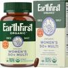 Bottle of EarthFirst Organic Women's 50+ Multivitamin Once Daily with 60 tablets, featuring a colorful label and health-focused design.